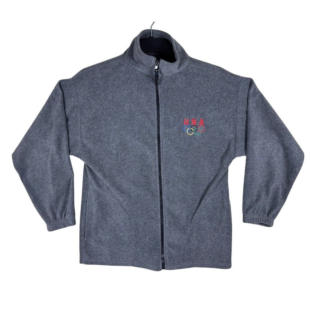 Vintage USA‎ Olympics Fleece Jacket Gray Full Zip Embroidered Rings Logo Mens S